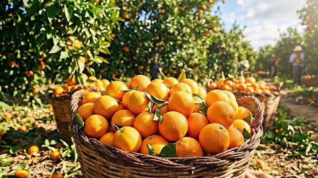 Tracking dolly shot of oranges in wicker baskets being gathered by pickers in sunlit orchard grove on rural farm during morning harvest, warm autumn daytime mood