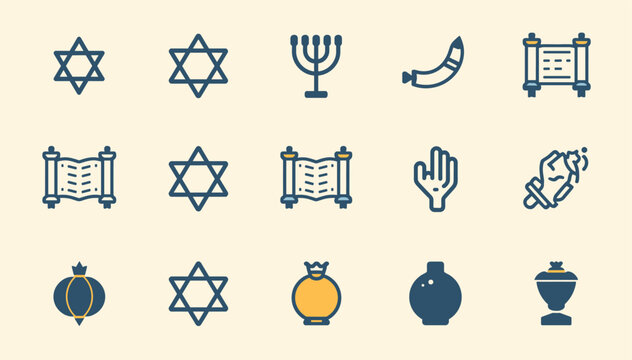 A collection of Jewish religious and cultural icons including the Star of David, Menorah, Torah scrolls, and Hamsa hand.