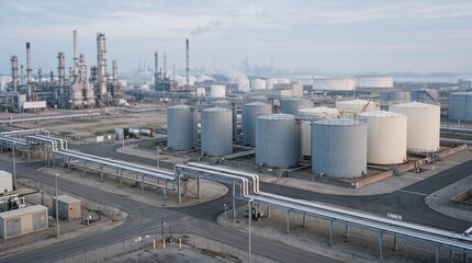 Obraz premium Refinery Edge Tank Cluster Overview for Energy Supply Capacity Coverage