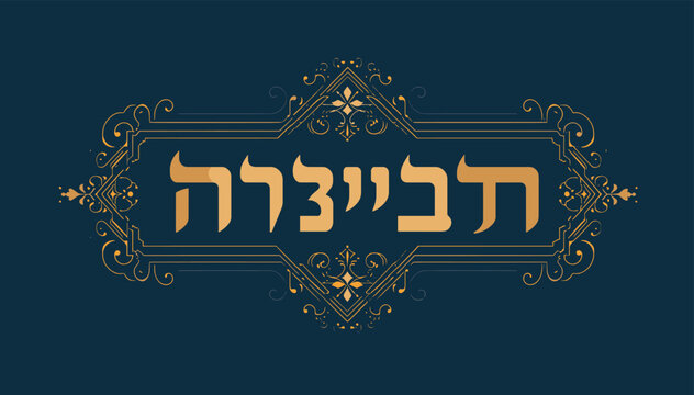 Ornate golden Hebrew text 'Tavtzerah' in a decorative frame on a dark blue background, elegant design.