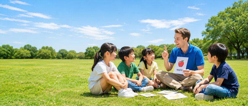 青空の下で英語を学ぶ子どもたちと外国人講師