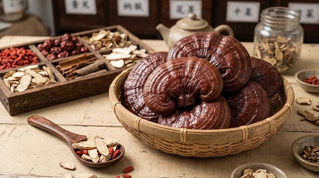 Dried Lingzhi mushrooms in basket with traditional Chinese herbs