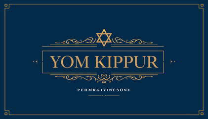 Elegant Yom Kippur greeting card design with gold Star of David and ornate frame on a dark blue background, symbolizing the Jewish Day of Atonement. © Uchiha