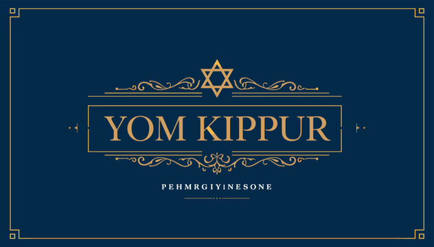 Elegant Yom Kippur greeting card design with gold Star of David and ornate frame on a dark blue background, symbolizing the Jewish Day of Atonement.