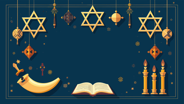 A festive Jewish holiday background with golden Stars of David, shofar, open book, and menorah on a deep blue backdrop.