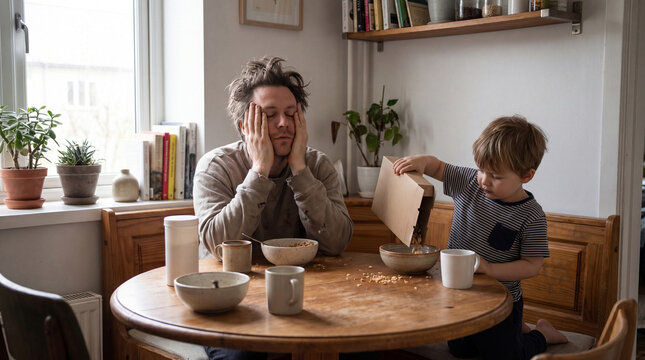 Weary Parent Pausing At Breakfast Table During School Morning Rush
