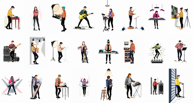 A diverse collection of musicians, singers, DJs, and sound engineers in a flat illustration style performing various musical and production roles.