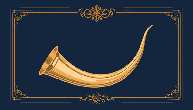 A golden cornucopia, or horn of plenty, with ornate golden borders on a dark blue background.