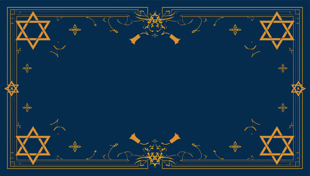Elegant blue background with golden Star of David symbols and ornate decorative borders, suitable for religious or cultural events.