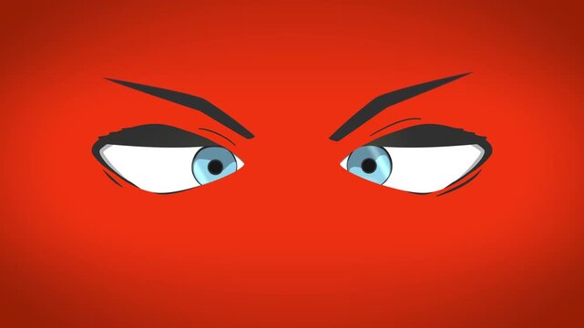Cartoon eyes transforming from calm yellow to furious red as the glare intensifies, dynamic emotion animation for memes, ads and social media reactions.