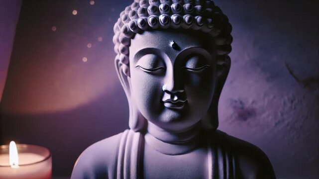 Close up video of a white Buddha statue with serene expression, representing meditation, peace and spirituality.