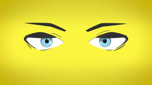 Serious angry cartoon eyes with blue irises and sharp brows on a yellow background, loopable expression animation for memes, ads and engaging social content.