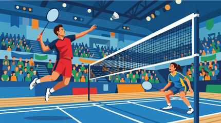 Fototapeta premium Badminton Player Jumping for Smash Shot Near Net. Male and Female Athletes Playing Mixed Doubles Tournament on Court. Professional Sports Match in Arena Stadium Vector Illustration.