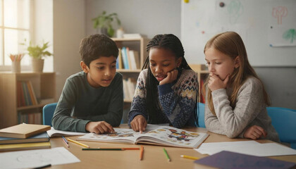 Fototapeta premium International Education Day – curious multicultural children learning together, inclusive classroom, SDG4