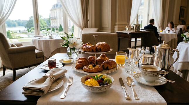 Luxurious breakfast table spread with pastries and fresh fruit in an elegant hotel dining room breakfast pastries croissant continental hospitality