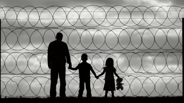 Silhouetted parent and two child holding hands near barbed wire fence under cloudy sky, concept of protection, barrier, separation, and family unity in difficult circumstances