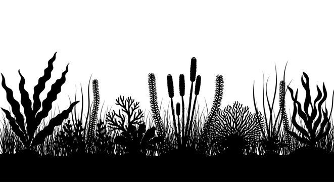 Black seaweed silhouette vector, underwater ocean plants and coral reef elements, aquatic botanical border for marine nature designs