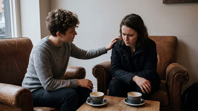 Friend comforting stressed woman during difficult conversation in cafe, showing support and empathy for emotional struggle