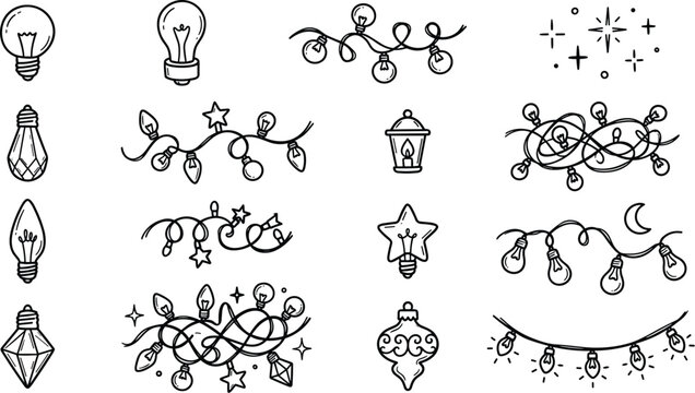 Doodle style light bulb and string light illustrations