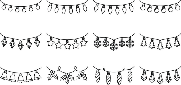 Festive holiday decorations set string lights banners and ornaments in linear style