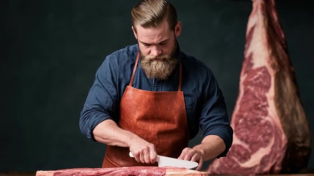 Experienced butcher with beard wearing apron cutting fresh raw meat on wooden board in dark room preparing quality steak for cooking