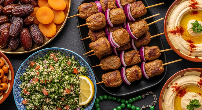 A spread of Middle Eastern food, including kofta kebabs, tabbouleh salad, hummus, dates, and dried apricots, suggesting a festive meal or culinary showcase.