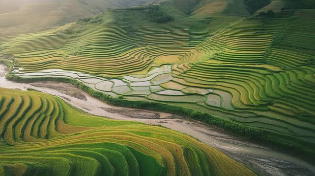Aerial view of mu cang chai rice terrace fields in yen bai province, vietnam at sunset