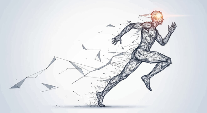 A human figure runs swiftly, breaking free from shattered fragments.