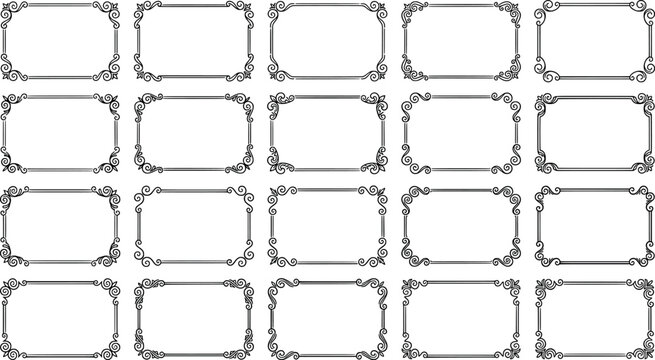 Set of vintage decorative frames, rectangular borders with ornate corners, calligraphic elements for invitations, certificates, and design projects