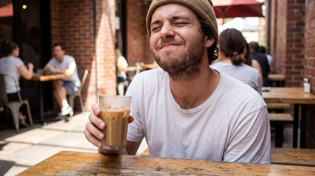 Closing his eyes, a bearded young man in a beanie enjoys an iced coffee on a cafe terrace, feeling relaxed and content