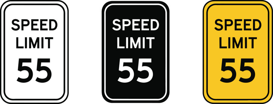 Speed limit 55 road signs set, black and yellow regulatory traffic signage vector
