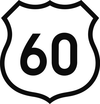 Black and White Route 60 Highway Shield Icon Isolated on White Background