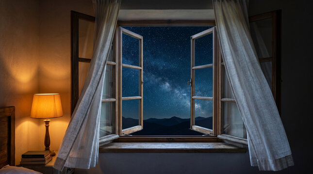Open Bedroom Window Revealing a Stunning Starry Night Sky over Mountains