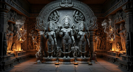 Fototapeta premium Rath yatra ancient stone statues in temple sanctuary