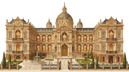 Fototapeta premium Large luxurious palace building with golden architecture and garden