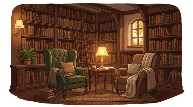Cozy library reading room with bookshelves and armchairs