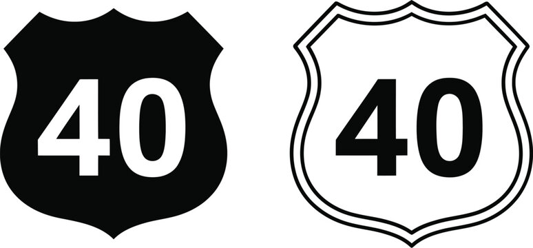 Route 40 highway shield icons, black and outline, vector road sign illustration