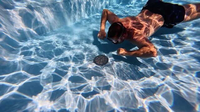 Underwater view of a man wearing swimming goggles swimming toward a pool floor drain to inspect its condition and functionality. Concept of swimming pool maintenance, drainage system checks