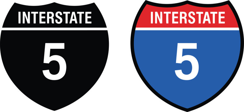 Interstate 5 highway road sign vector icon set, black and blue shield illustration