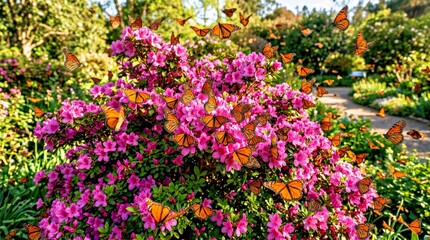 Obraz premium Monarch Butterflies on Blooming Pink Azaleas in Lush Garden