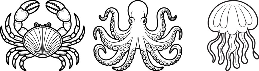 Sea life detailed line art vector icon set with crab, octopus and jellyfish isolated on white background © faiqa