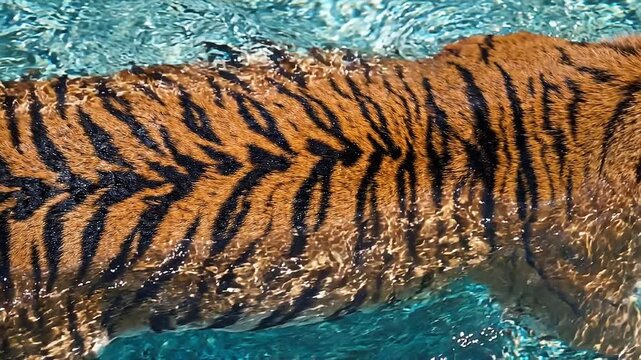 Tracking shot of tiger swimming across clear blue pool water in zoo enclosure during daytime; slow pan follows orange and black striped feline moving calmly and steadily