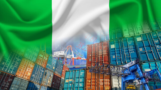 International trade, Nigeria's maritime import and export, and the country's trade and economic relations. Illustrated with a bustling seaport filled with colorful shipping containers and industrial 