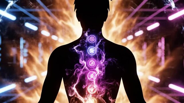 A human silhouette with a glowing, purple and white energy emanating from its chest, set against a vibrant, futuristic background with neon lights