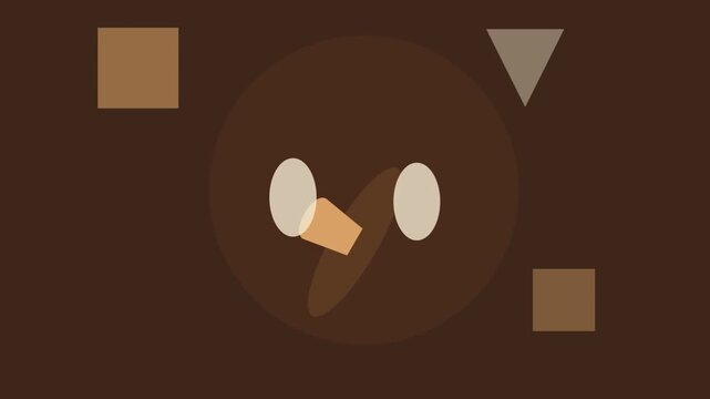 Animated minimalist owl face rotating on brown background with floating geometric shapes.
