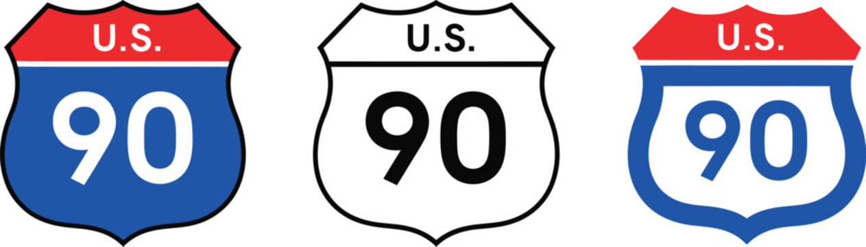 U.S. Route 90 Interstate Highway Sign Vector Set Isolated on White Background