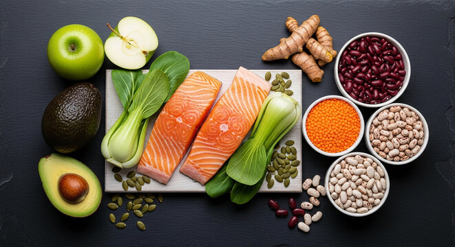 Overhead view of healthy food items including salmon, avocado, apples, bok choy, beans, lentils, pumpkin seeds, and turmeric roots, showcasing a balanced diet concept