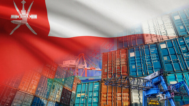 International trade, Oman's maritime import and export, and the country's trade and economic relations. Illustrated with a bustling seaport filled with colorful shipping containers and industrial 