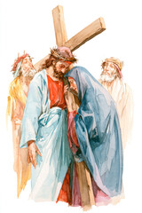 Obraz premium Jesus stands with a cross, with Mary close by in a blue veil, while three men with thorns on their heads are behind them in a bright watercolor scene