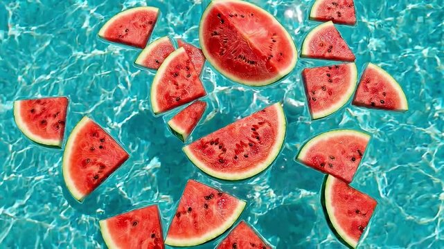 Slow aerial tracking zoom of watermelon slices floating and drifting on turquoise pool water during sunny daytime, overhead top down view of fruit and rippling surface